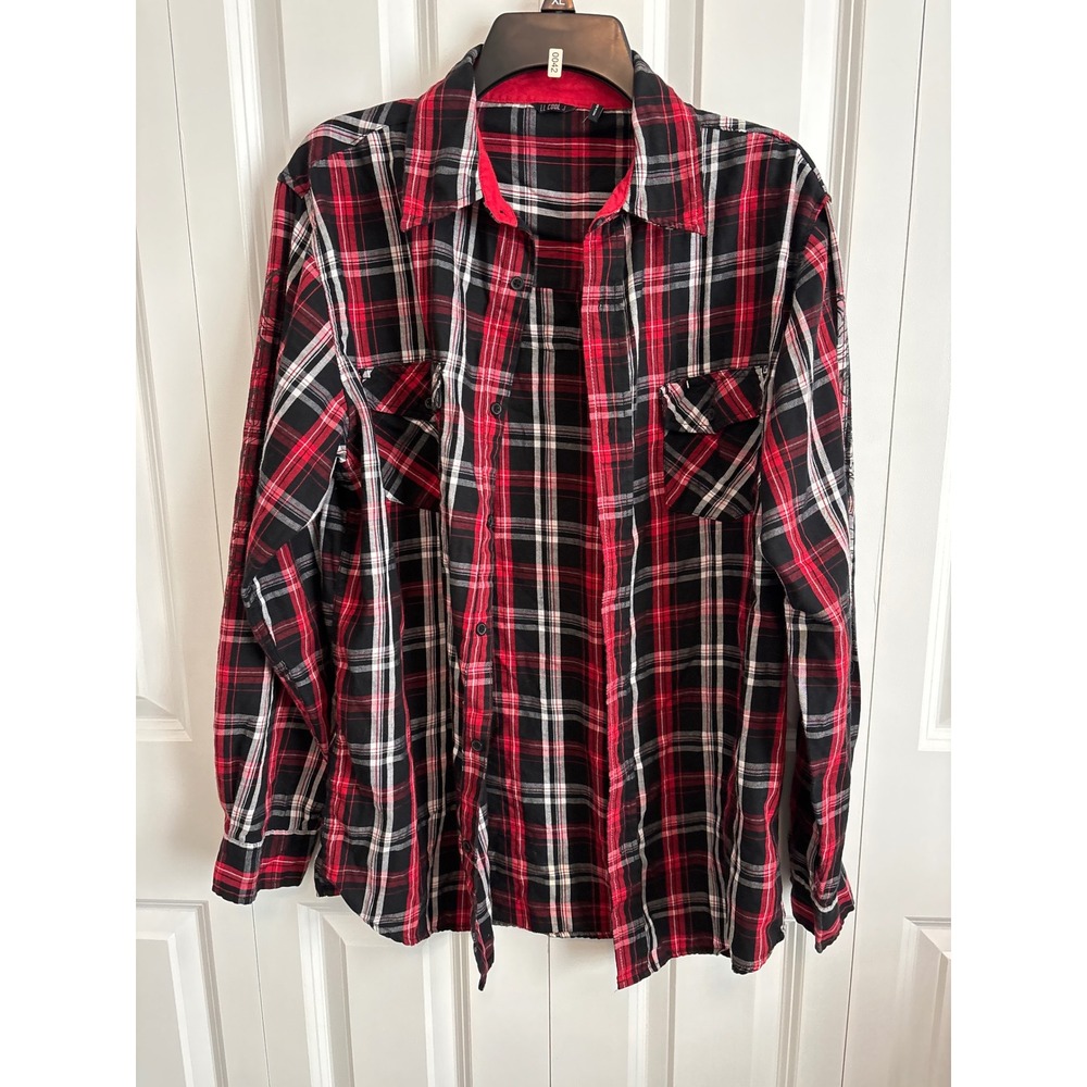 LL Cool J Mens Red Black Plaid Flannel Button Down Shirt Graphic Sleeve Medium